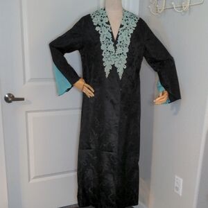 Vintage 20s Black Silk Jacquard Robe Mint Lace Bell Sleeve Elegant Maxi Gown S